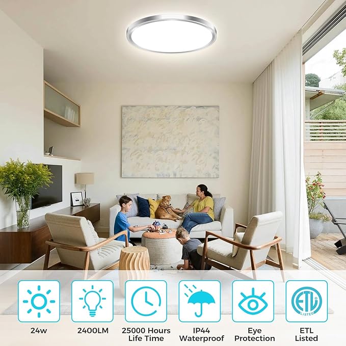 libtit 6Pack Led Ceiling Light 13Inch, 24W 2400Lm Bright Light Fixture Brushed Nickel, Adjustable 3000K/4500K/6000K, Modern Slim Flat Ceiling Lamp for Living Room Bedroom Hallway