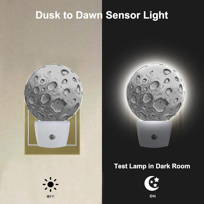 Big Silver Moon Nightlight Solar System Satellite Plug-in Night Lights with Dusk-to-Dawn Sensor for Bedroom, Bathroom and Living Room 0.5W Sleep Friendly for Women/Girls/Boys