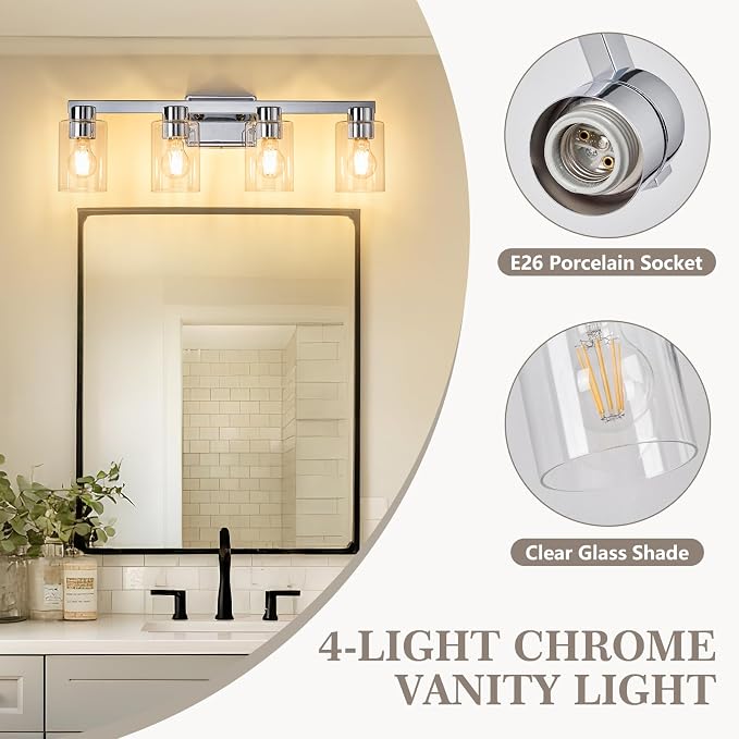 4-Light Bathroom Light Fixtures with Clear Glass, Chrome | Vanity Lights, Modern Wall Sconces, Over Mirror for Bathroom, Powder Room, Living Room