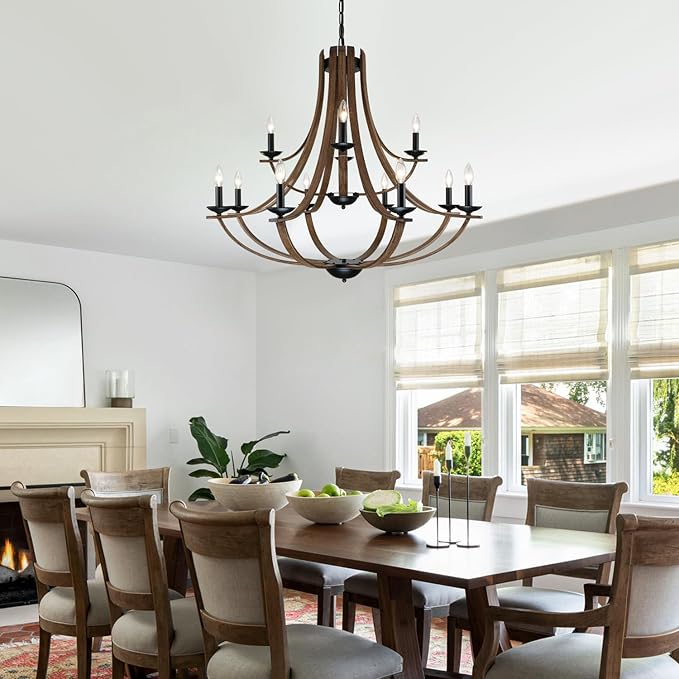 Farmhouse Chandeliers for Dining Room Light Fixture, 2 Tier 12-Light 41" Adjustable Height Retro Faux Wood Texture Rustic Light Fixtures for Living Room Bedroom Foyer Entryway