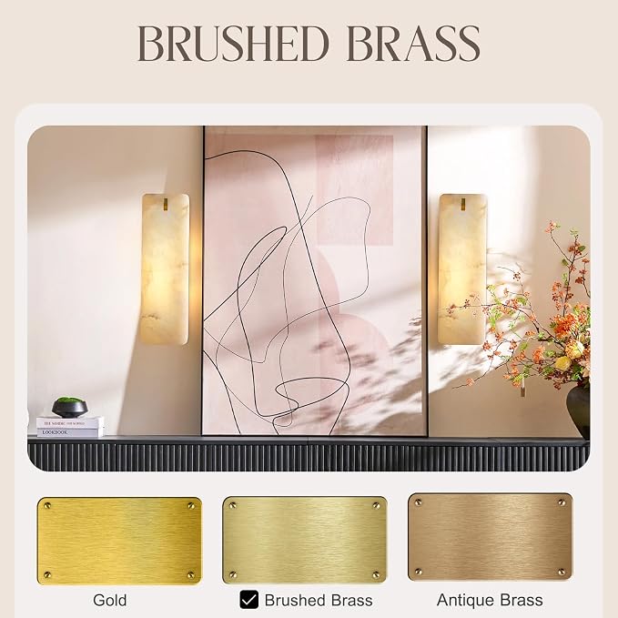 Rectangular Alabaster Wall Sconce 16 Inch, Natural Spanish Stone Brass Gold Wall Light, Modern Marble Sconces Dimmable E12 Hardwired Bathroom Vanity Light Fixture for Mirror, Bedroom, Hallway(1 Pcs)