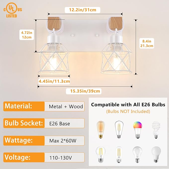 FadimiKoo 2-Light White Bathroom Light Fixtures, Wood Bathroom Vanity Lighting Fixtures Over Mirror, Rustic Sconces Wall Lighting with Elegant Metal Lampshade for Living Room, Bedroom, Hallway