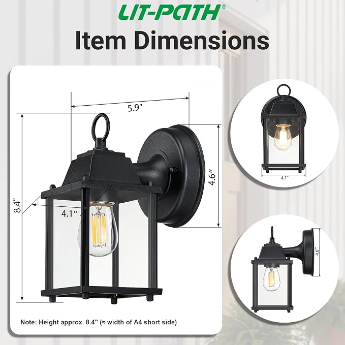 Outdoor Wall Light Fixture, Rustproof Aluminum, Clear Glass | Exterior Porch Light Wall Sconce Lantern for House, Patio, Garage, Waterproof, E26 Socket 60W Max, Black, 1 Pack
