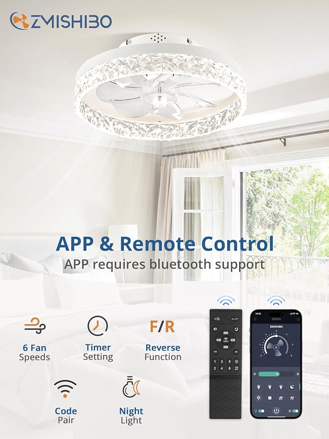 ZMISHIBO 15.7 Inch Ceiling Fan with Light, Flush Mount Remote & App Control | 3CCT Dimmable LED, DC Motor, Bladeless, Reversible Blade, 6 Speeds, Modern, Low Profile, Enclosed, Bedroom, Kids, Girl, Adult