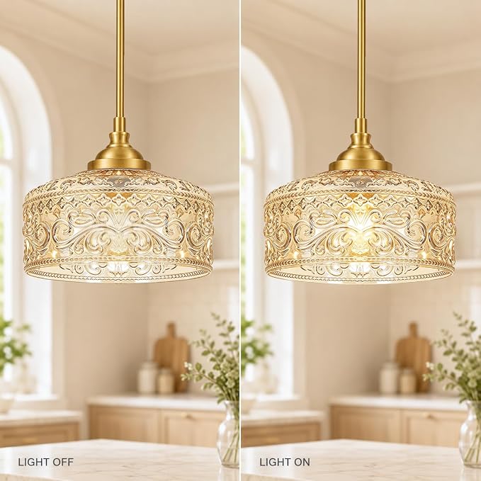 Brushed Gold Vintage Pendant Light Amber Glass Island Lights for Kitchen | Height adjustable hanging light fixture kitchen, 90-degree swivel, 2-in-1 ceiling light and pendant light, E26 bulb base