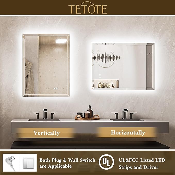 TETOTE 30 x 36 Backlit Mirror Bathroom, LED Vanity Mirror with Beveled Edge, Tempered Glass, 3 Colors Lights, Anti-Fog, Adjustable Brightness, Memory Function, Frameless LED Vanity Wall Mirror