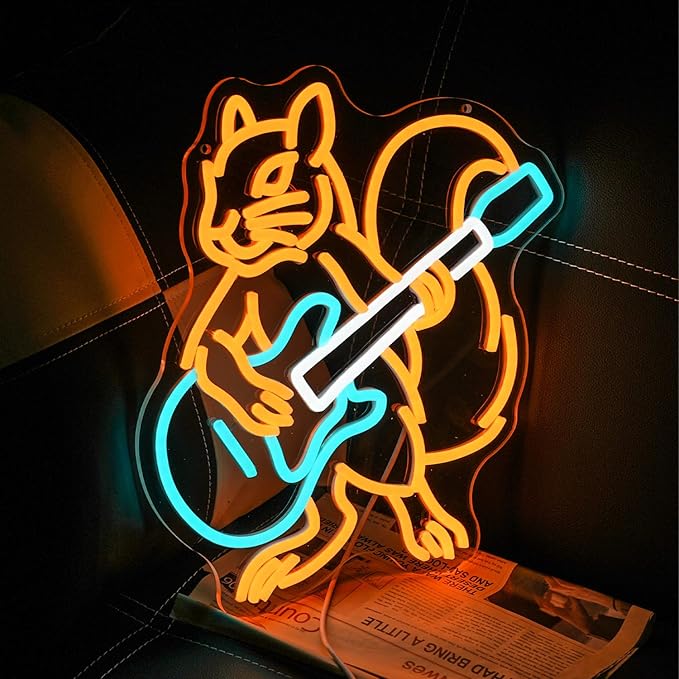 Squirrel Guitar Neon Sign for Wall Decor Beer Bar Guitar Neon Light, USB Powered Orange Squirrel Music Led Light Sign for Bar Live Music,Man Cave,Home, Party,Office, Bedroom