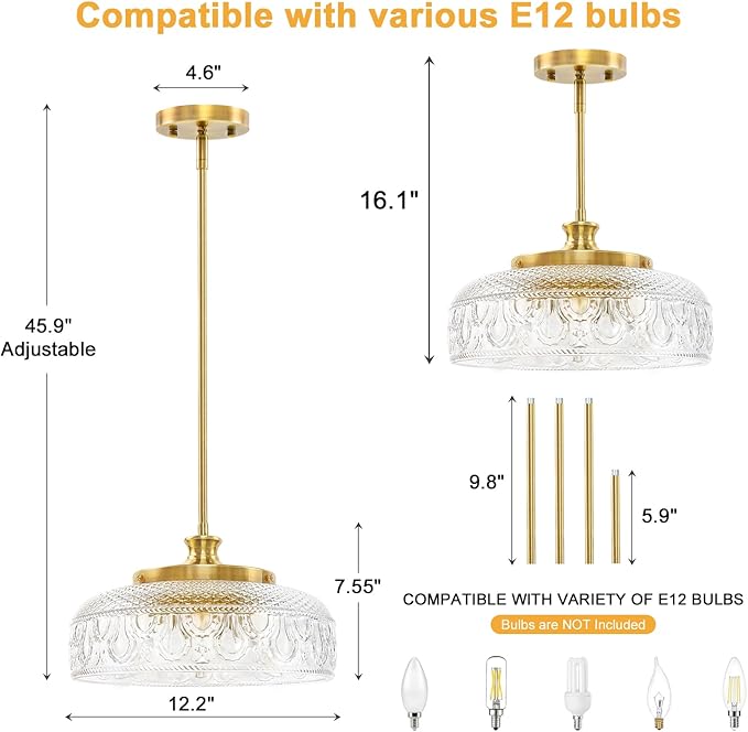 Lamomo 3-Light Adjustable Pendant Lights Kitchen Island, 12in Brushed Gold | Modern Clear Glass Ceiling Mount Hanging Lighting Fixture, Vintage Brass Drop Lights for Bathroom Hallway Bedroom Dining Room