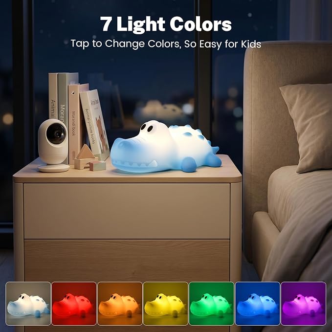 AVEKI Night Light for Kids, Baby Alligator Night Light with Dimmable Warm Light & RGB Mode, Soft Silicone Touch Lamp with 30M Timer, Rechargeable Crocodile Light for Nursery Kids Room