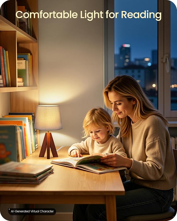 Tripod Table Lamp, 14.6" Small Bedside Lamp with Gray Linen Shade & Dark Wood Base, Modern Nightstand Lamp for Bedroom, Kids Room, Living Room, Nursery, Office, E26 Socket, LH51TL05