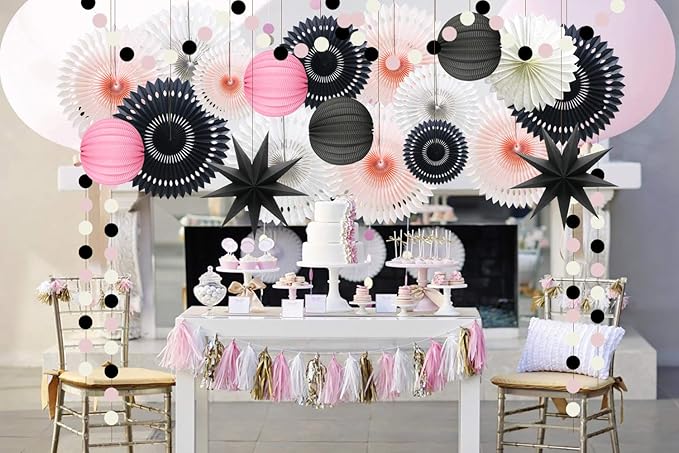 Pink Black White Party Decorations for Girls Women Minnie Mouse First Birthday Decoration Wedding Bridal Baby Shower Hanging Tissue Paper Fans Circle Garland Paper Lanterns