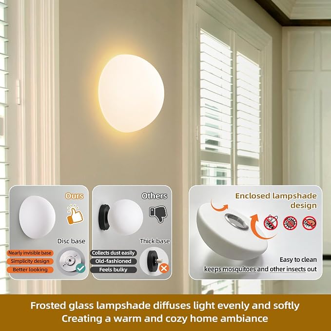 Modern Globe Glass Wall Sconces Set of 2: Small 7 In Art Deco Light Fixture | Mid Century Indoor Set of Two Round Lights, For Bedroom Bathroom Vanity Mirror Hallway Bedside Mount Half Moon Lamps 3000k