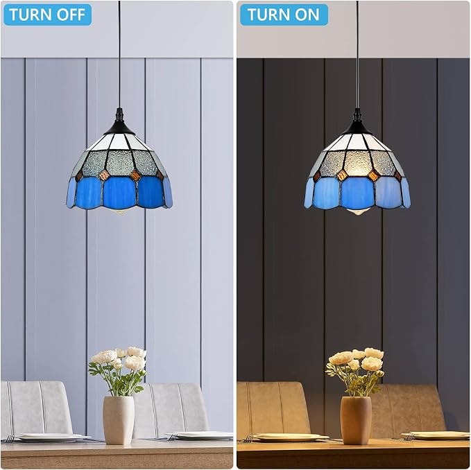 Tiffany Style Plug in Pendant Light Mini Chandelier with 16.4 Ft Hanging Cord and in Line On/Off Dimmer Switch, Vintage Swag Ceiling Lamp for Dining Room, Bedroom or Porch (7.9" in Width)