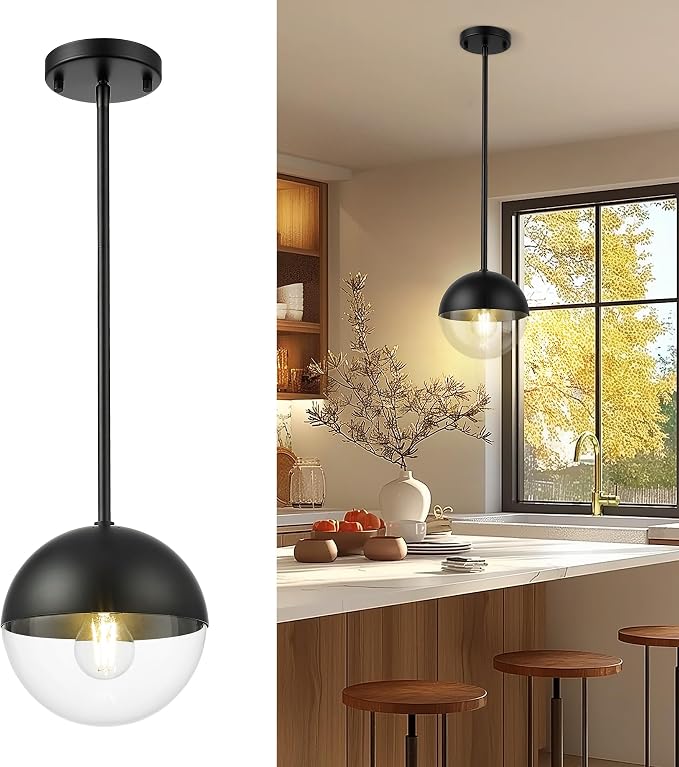 Modern Pendant Lights, Matte Black Kitchen Island Pendant Light Fixtures, Adjustable Hanging Rod Ceiling Light for Dining Room Bathroom Bedroom, LMS-186BKC