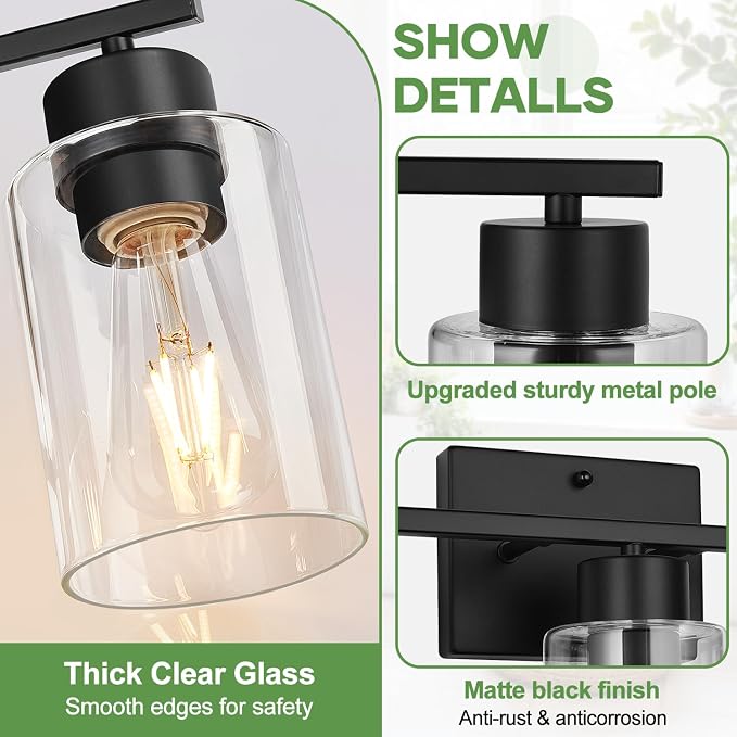 Black Bathroom Light Fixtures with Clear Glass Shades, Modern 3 Light Vanity Lights for Bathroom, Vanity Lights with E26 Socket (Bulbs Not Included), for Mirror, Bedroom, Hallway