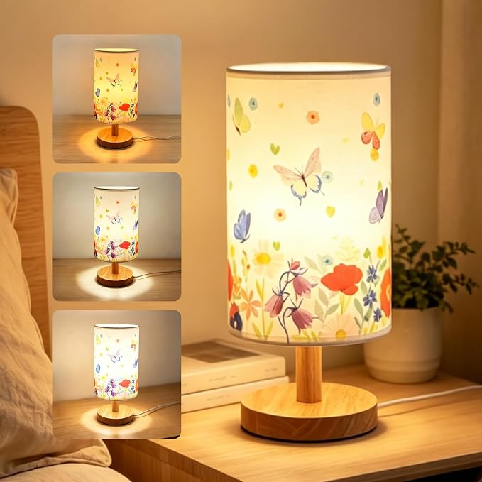 Butterfly Kids Table Lamp for Bedroom Girls Flower Bedside Lamps-3 Colors Nightstand Night Light with Butterfly&Flowers Lampshade Desk Lamp for Boy Girls Room Home Decor,Butterfly Gift for Girl
