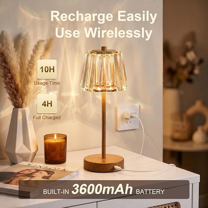 13" Small Crystal Cordless Table Lamp, Touch Rechargeable Desk Lamps | 3 Color Temps, Stepless Dimming, Wood Grain Portable Battery Operated LED Desk Lamps for Bedside, Nightstand, Kitchen, Patio