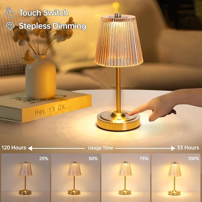 Shenmoyl Set of 2 Cordless Touch Table Lamp with 5200mAh Battery - 3 Adjustable Color Temperatures & Dimmable, Rechargeable Lamp for Bedsides, Living Room, Entryway, Bookshelves (Amber Stripe)