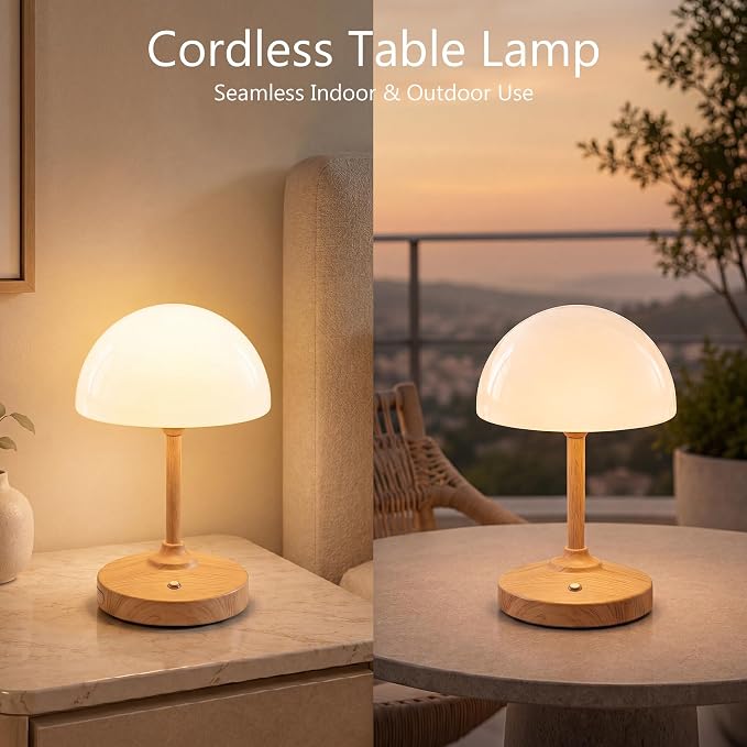 Table Lamp Cordless Lamp,5000mAh Rechargeble Battery Operated Lamp | Small Bedside Desk Lamp 11.02" with Glass Shade 3-Way Dimmable Portable LED Table Light,for Outdoor,Dinner,Patio(Wood Grain)