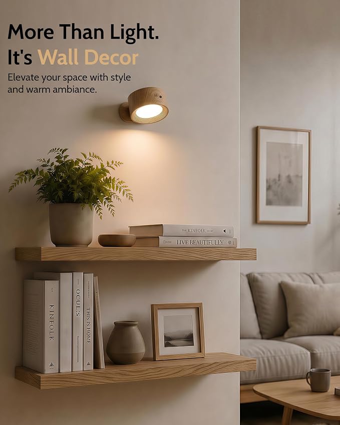 LED Wall Mounted Lights, Rechargeable Wall Sconces, 3 Color Temps, Remote & Touch, 360° Rotating and Dimmable for Bedroom, Bedside & Reading (Wood, 2 Pack)