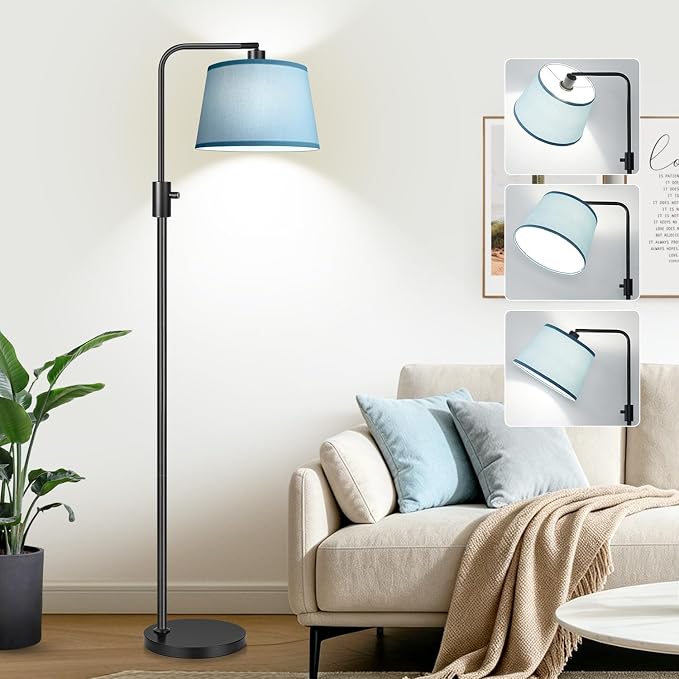 【Upgraded】 Dimmable Black Floor Lamp, 1000 Lumens LED Edison Bulb Included, Arc Black Floor Lamps for Living Room Modern Standing Lamp with Sky Blue Shade, Tall Lamps for Living Room Bedroom Office