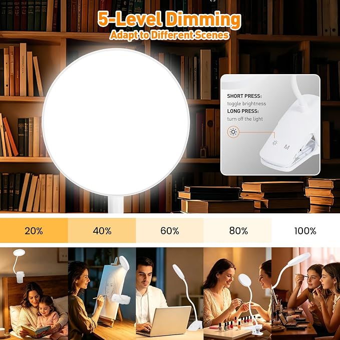 Cordless Rechargeable Clip On Desk Lamp Thick Flexible 360° Gooseneck | 450 Lumen Eye Protect Light,30 Custom Lighting Modes,5-30H Long Life Battery for Bed Headboard Desk Puzzle Craft ,White 2 Pcs