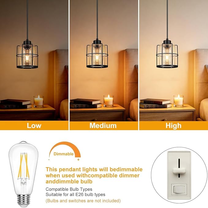 Black Pendant Lights Kitchen Island Set of 2, Modern Pendant Light Fixtures with Bubble Glass, Industrial Hanging Pendant Lights for Kitchen Island Dining Room Bedroom Entryway,90° Angle Compatible