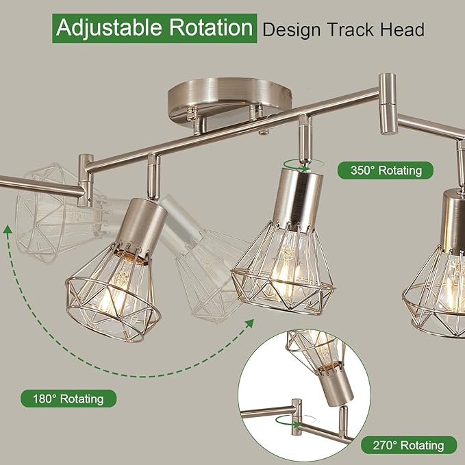 6 Light Plug in Ceiling Light Track Lighting Fixture,19.6tf Long Cord with On/Off Switch Modern Farmhouse Track Light Fixture for Livingroom Bedroom Kitchen E26 Base