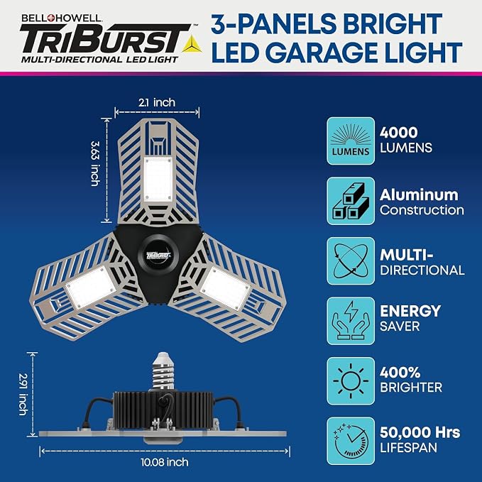 Bell+Howell Triburst Screw in LED Garage Lights, 4000LM LED Shop Lights for Garage, Shed, Attic, Screw-in E26/E27, 3 Light Panels, Easy to Install, 4000K | LED Shop Lights for Garage, Shed, Attic, Screws into E26/E27, 3 Light Panels, Easy to Install, 4...