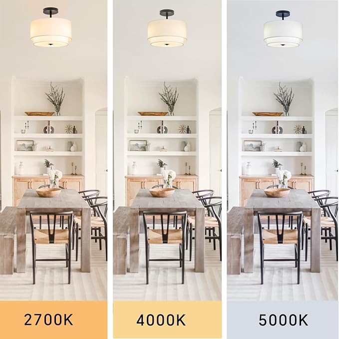 Vexagyle 3-Light Semi Flush Mount Ceiling Light Fixture,12.6inch Modern Close to Ceiling Light with 2-Layer White Drum Fabric Shade,Entryway Light Fixture Ceiling Mount Lamps for Bedroom Dining Room