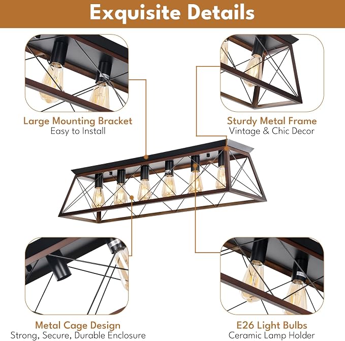 38" Large Brushed Bronze Flush Mount Ceiling Light for Kitchen | Vintage Industrial Kitchen Ceiling Light Fixtures with X-Shaped Metal Cage, 6-Light Farmhouse Large Flush Ceiling Lighting