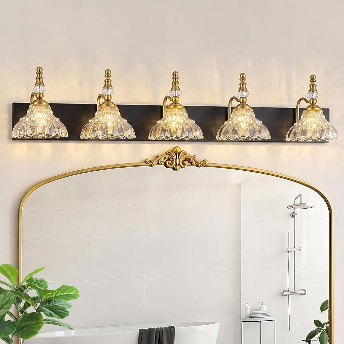 Vintage Bathroom Vanity Light, 5-Light Black Gold Vanity Lighting Fixture with Flower Glass Shade, Bathroom Lighting Fixtures Over Mirror