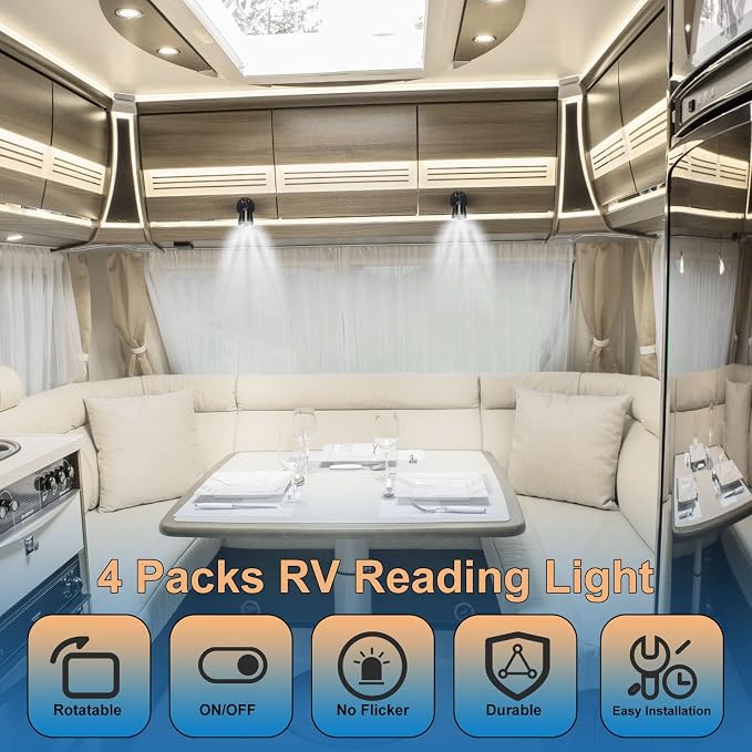 4 Pieces DC12V- 24V RV Lights Interior Reading Lamp Rotatable LED Bedside Lamp 3W RV LED Spotlight for Boats, Trailers, Vans and Motorhomes (Black, White Light 6000K)