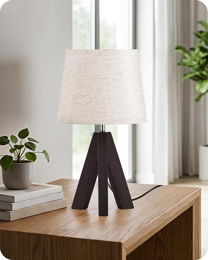 Small Table Lamp for Bedroom, 14.6" Bedside Lamp with Beige Linen Shade & Walnut Wood Tripod Base, Modern Nightstand Lamp for Living Room, Nursery, Entryway, E26 Socket, VE51TL05