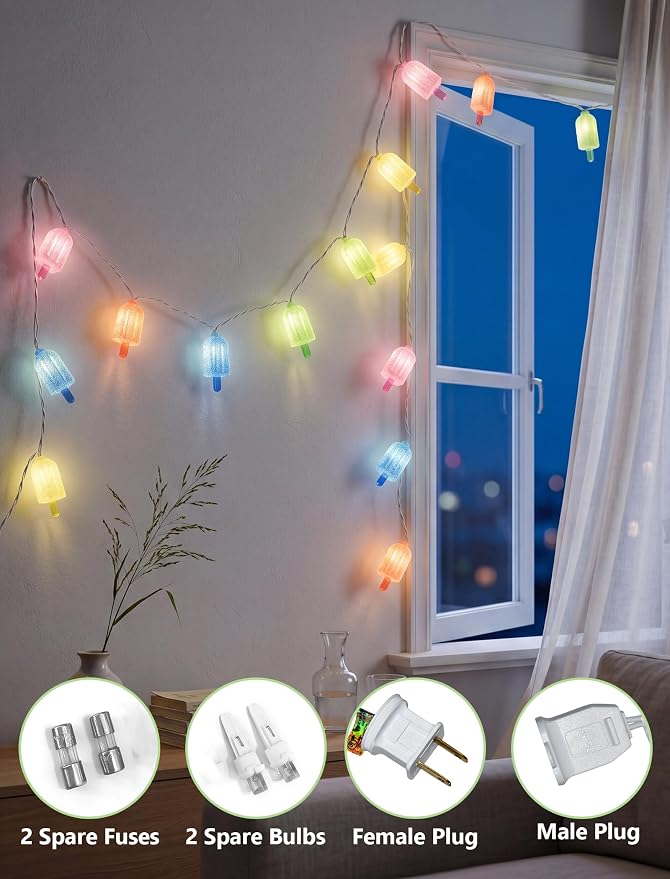 Tropical Beach Themed LED Popsicle String Lights 8.5Ft Summer Novelty Decorations Light with 10 Multicolor Ice Cream Lights, Plug in Fairy Light for Outdoor Patio Garden Bedroom Tent Birthday Party