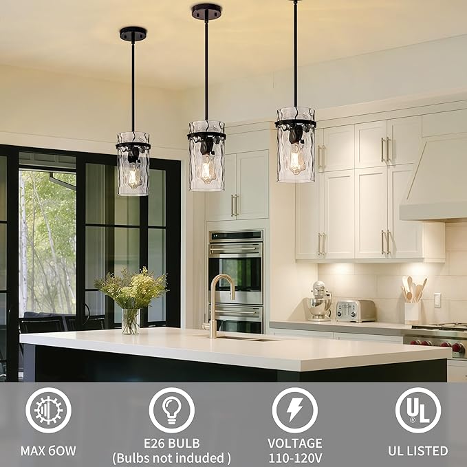 Farmhouse Hammered Glass Pendant Light, 5.5" Black Pendant Light, Modern Pendant Light Fixtures Island Lights for Kitchen Dining Room Light for Farmhouse Pendant Lighting 1 Pack