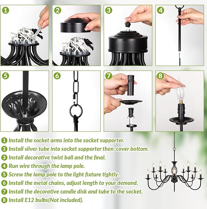 12-Light Farmhouse Candle Chandelier for Living Room, Rustic Industrial Pendant Ceiling Light Fixture, Vintage Hanging Lamp for Bedroom Hallway Kitchen Dining Room Foyer, Matte Black E12 Socket