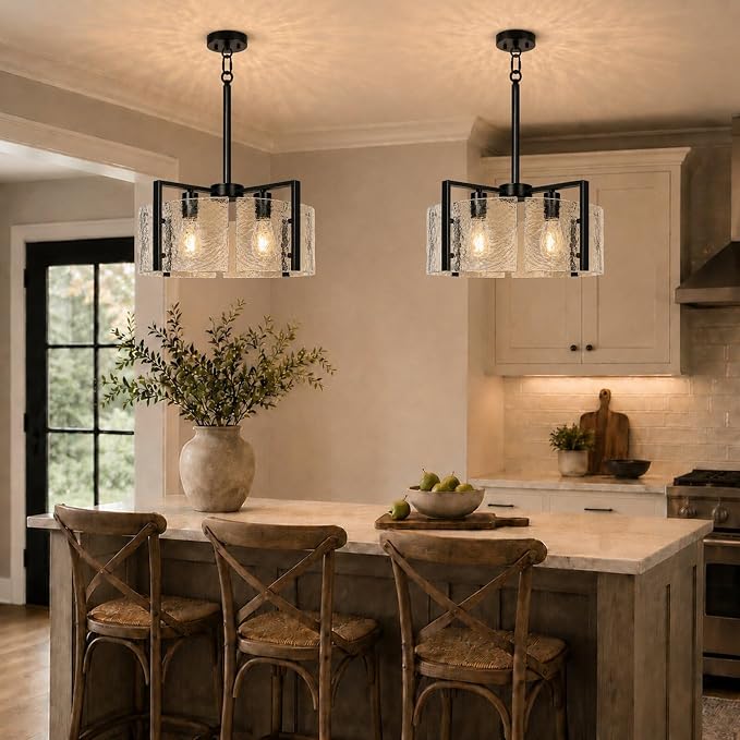 17.7 Inch Black Chandeliers for Dining Room, Adjustable Height | 4-Light Modern Farmhouse Entryway Light Fixture, Glass pendant Lights for Kitchen Island Foyer Bedroom Bathroom