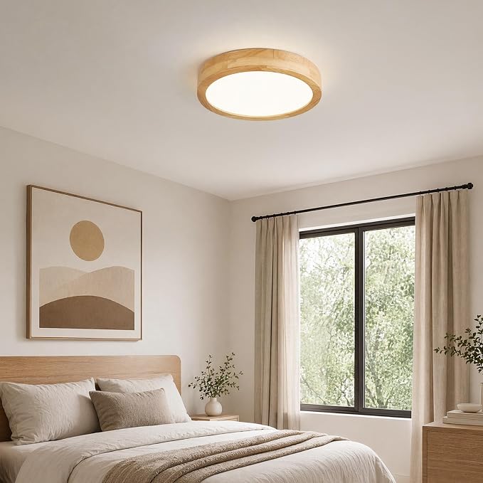 Pevfah Modern Dimmable 11.81in Wood Flush Mount Ceiling Light, 5CCT LED Round Close to Ceiling Lighting Fixtures, Minimalist Ceiling Lamp for Bedroom, Kitchen, Hallway, Laundry Room