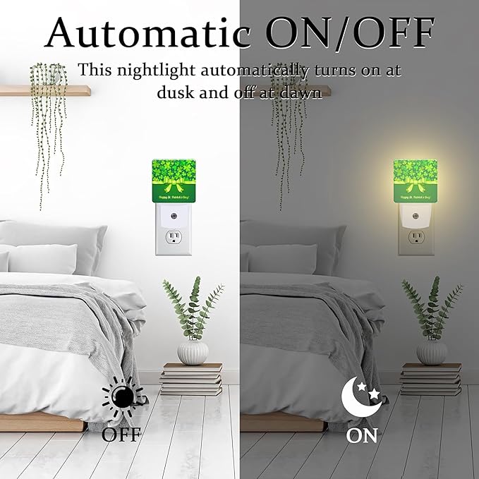 Happy St Patrick's Day Night Light Plug into Wall,Green Saint Patrick's Shamrock Dusk to Dawn Night Light Plug in,0.5w Energy Saving Sleep Friendly NightLight for Kids Boys Girls Home Decor