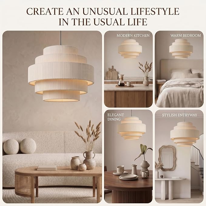 AUQUEE 5-Tier Corduroy Pendant Light for Kitchen Island, 13” Anti-Glare Boho Hanging Light Fixture, Adjustable Modern Ceiling Chandelier for Dining Room Bedroom Living Room Entryway Hallway, Beige