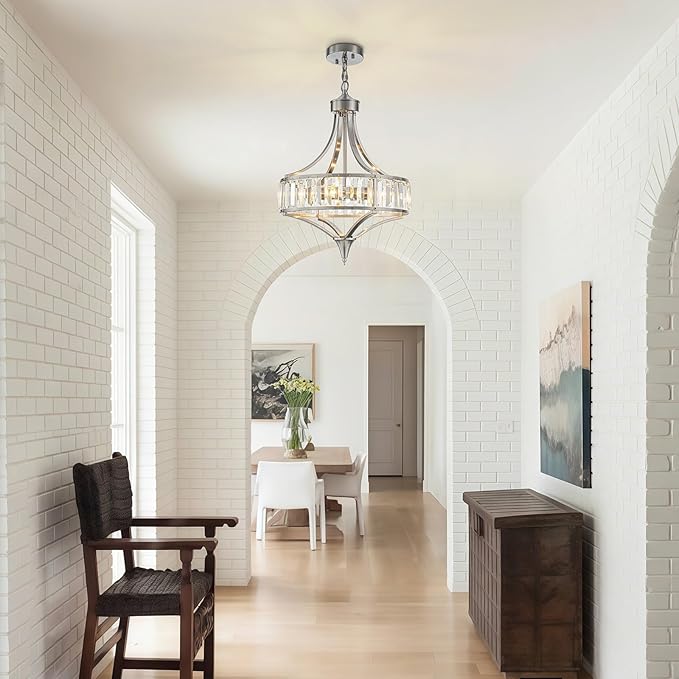 Brushed Nickel Bathroom Chandeliers for Dining Room,15.7" Modern Round Crystal Chandelier Over Tub,4-Light Unique Pendant Light Fixtures for Entryway Foyer Living Room Bedroom Kitchen Island