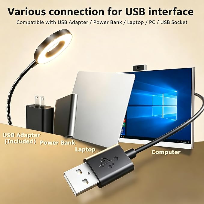 Akynite Desk Lamp Clip on Light, 48 LED Clamp Lamp, 5 Color 10 Brightness | USB Powered with Adapter, 360° Flexible Gooseneck, Eye Protection, Reading Book Lights Clamp on for Bed Home Office Study