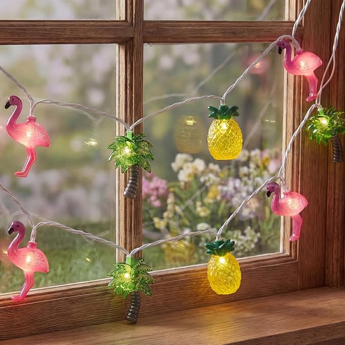 8.5Ft Summer Beach Hawaiian String Lights Outdoor with 10 LED Flamingo Pineapple Palm Tree Lights, Plug in Tropical Party Decorations Lights for Patio Backyard Garden Window Tiki Bar Pool Party Decor