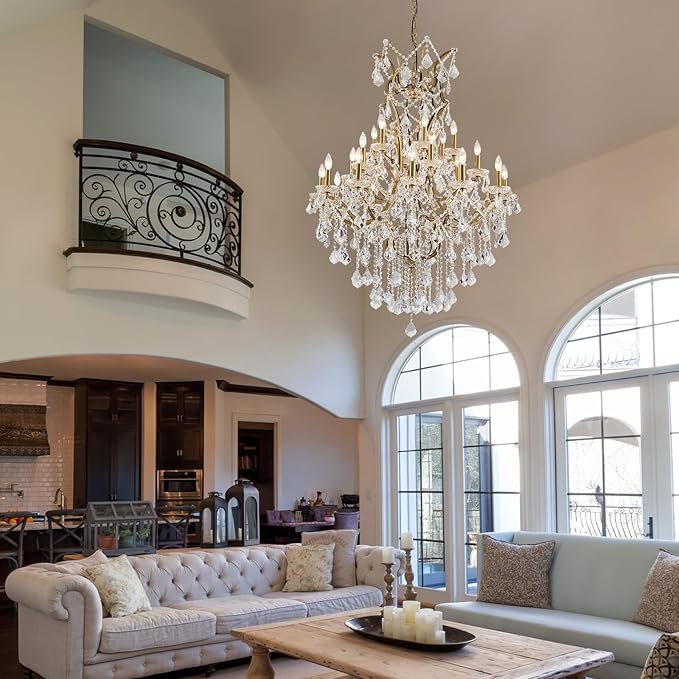 24 Lights Large Crystal Chandeliers for High Ceilings Brass Maria Theresa Chandelier Modern Chandelier Light Fixture for Foyer Living Room Hallway Entryway Staircase 55.1" H x 39.4" D