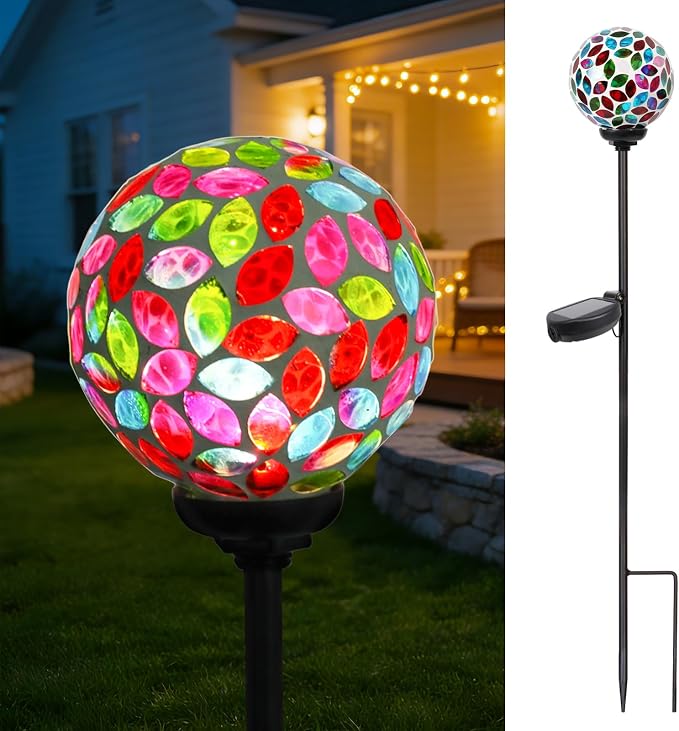 VCUTEKA Decorative Solar Garden Lights, 3.5" Mosaic Globe Outdoor Stake | Mosaic Glass Globe Design, Solar LED Light, Waterproof Design, Auto On/Off and Metal Stake Design for Lawn and Patio