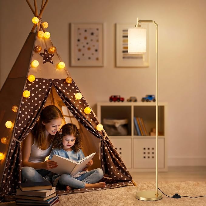 Ziisee 64" Floor Lamp for Living Room with Remote Control, Beige Shade with Gold Pole, Dimmable Tall Lamps for Bedroom Office Corner, 9W LED Bulb Included