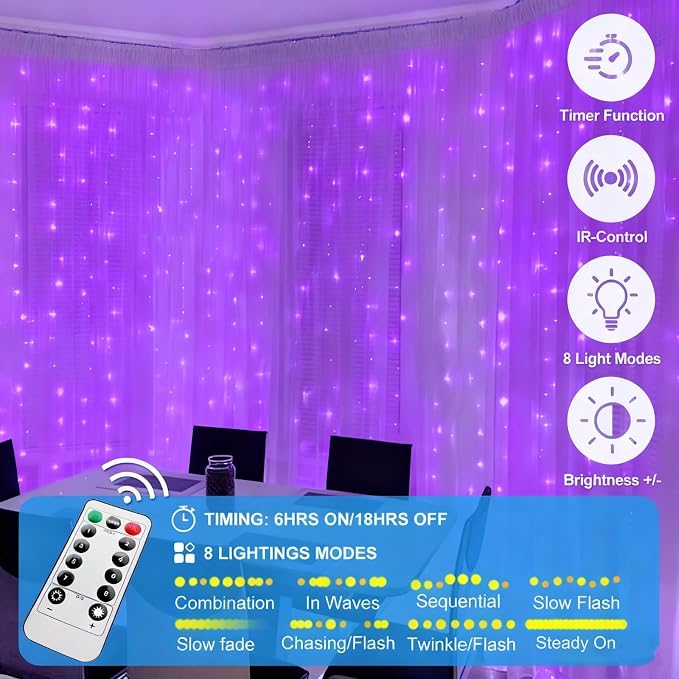 300 LED Fairy Curtain Lights, 9.8 x 9.8FT Purple USB Plug in 8 Modes Hanging Lights with Remote for Christmas, Bedroom, Indoor, Outdoor, Weddings, Party (Purple)