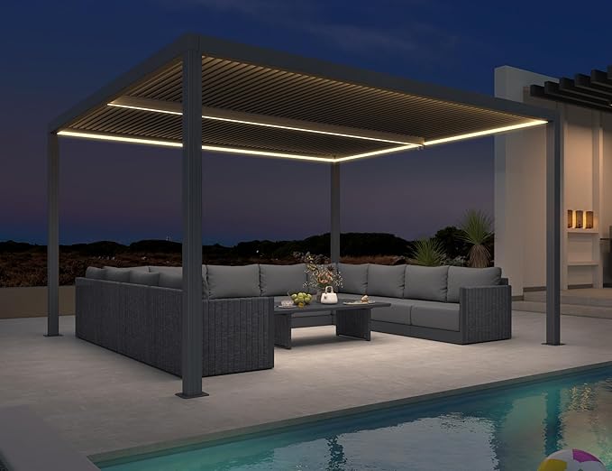 PURPLE LEAF Louvered Pergola 12' x 14' 94AS LED Strip Light 53mph Windproof | Two Adjustable Roofs, All-Aluminum Rustproof, 53Mph Wind Resistant, Plus Hidden LED Strip Lights, Multiple Size Options