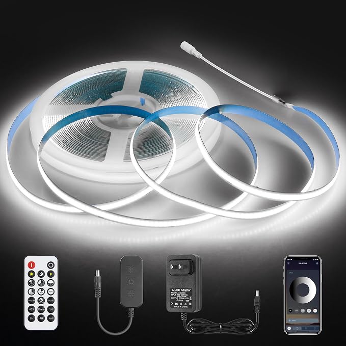 Aclorol COB LED Strip Light 32.8FT 24V Cold White 6000K Dimmable Brightness | Flexibel LED Tape Lights with Power Supply and Remote, Dotless Light Strip for Kitchen Cabinet Mirror DIY Lighting Project